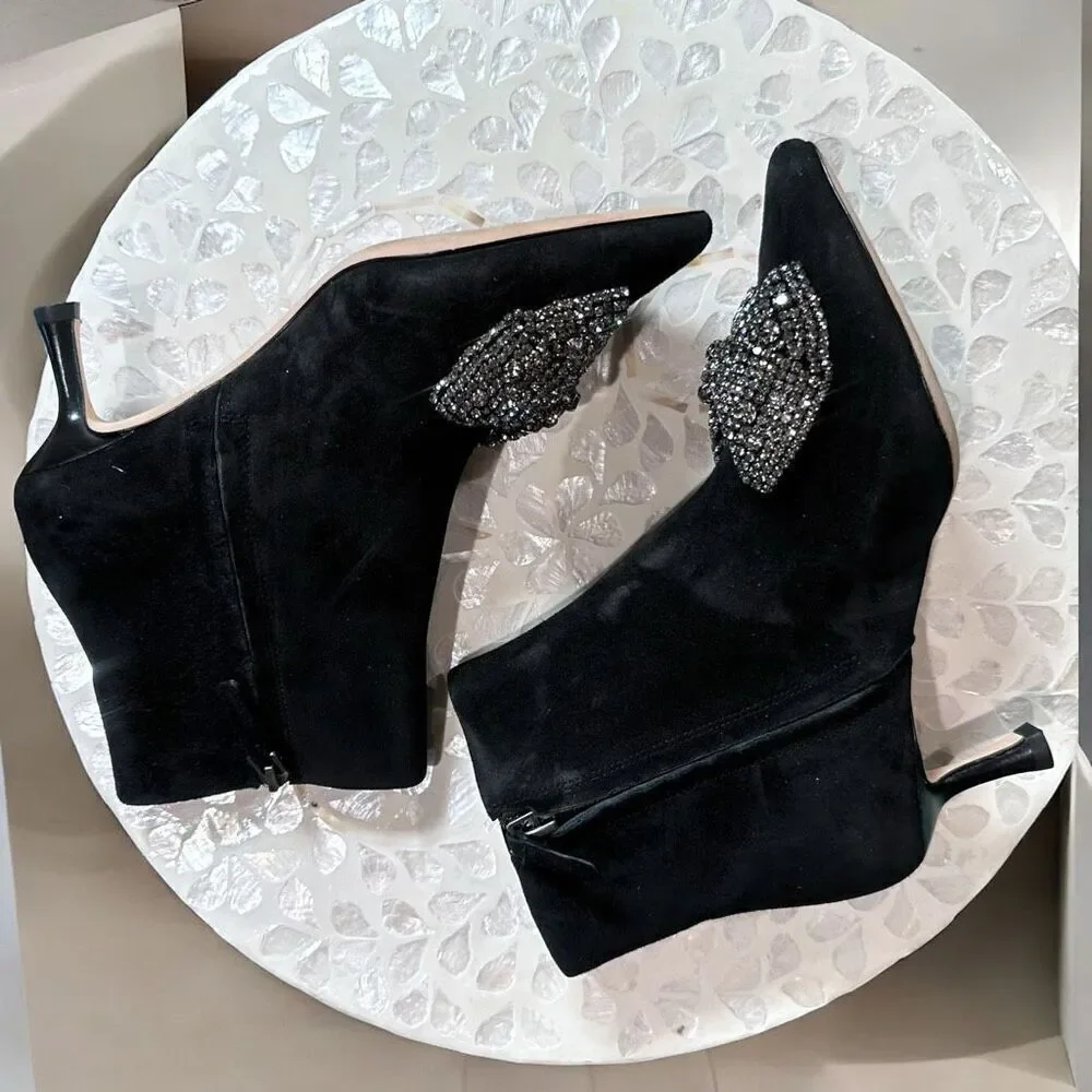 Tory Burch $498 Embellished Crystal Bow Leather Suede Ankle Booties Boots Shoes